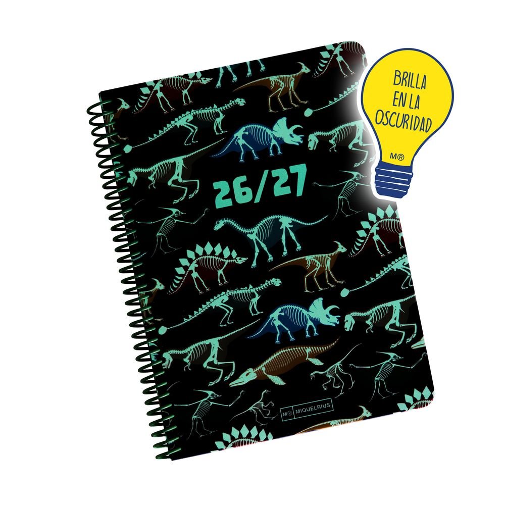 Miquelrius Agenda Escolar 2026/27 A/5 Horizontal Plus S/V Dinos Brilla en la Oscuridad-1