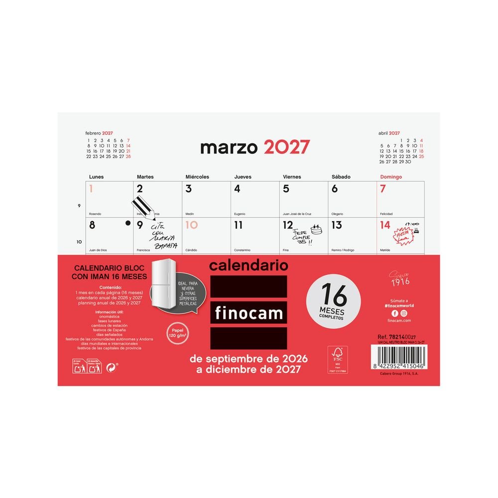 Finocam Calendario 16 Meses A/5 Iman S 26-27-7